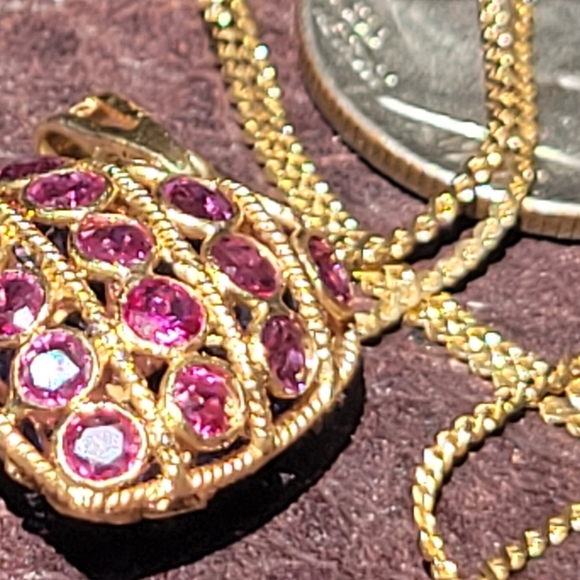 14k gold puff heart pendent filigree reversible Saphires & Rubies 15" 14k chain - Picture 5 of 10